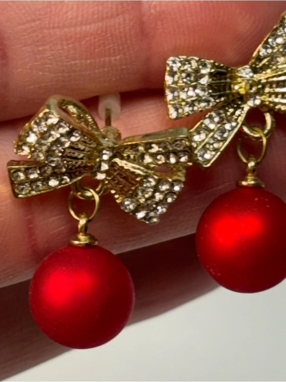 Gold‎ Bow Earrings with Red Pearl Drops